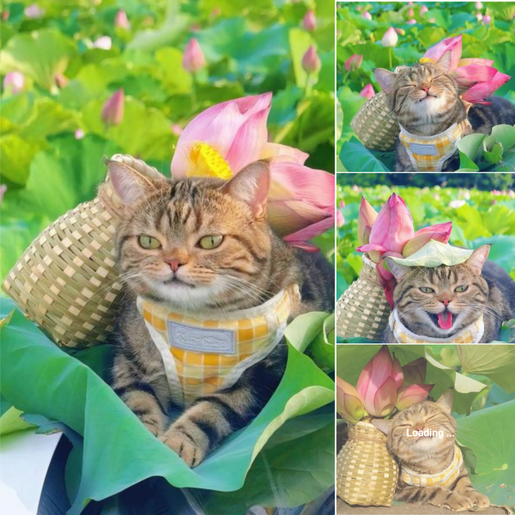 The Adorable Cat by the Lotus Pond with a Sunlit Smile!